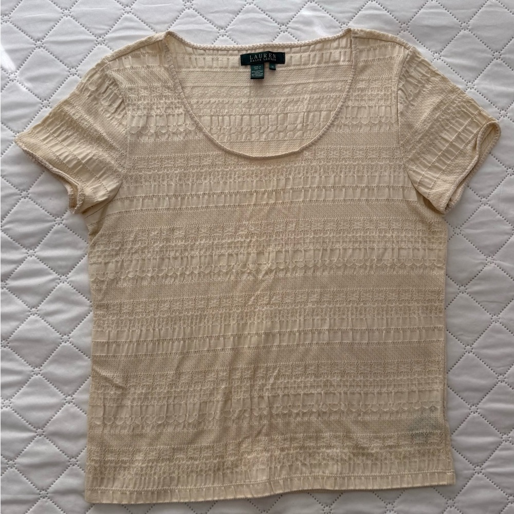 Vintage Ralph Lauren short-sleeve top, textured, ivory fabric, scoop neckline
